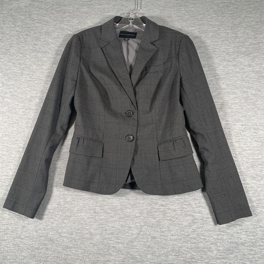 Banana Republic Blazer Womens 2 Gray Plaid Two Button Lined Suit Jacket Tailored